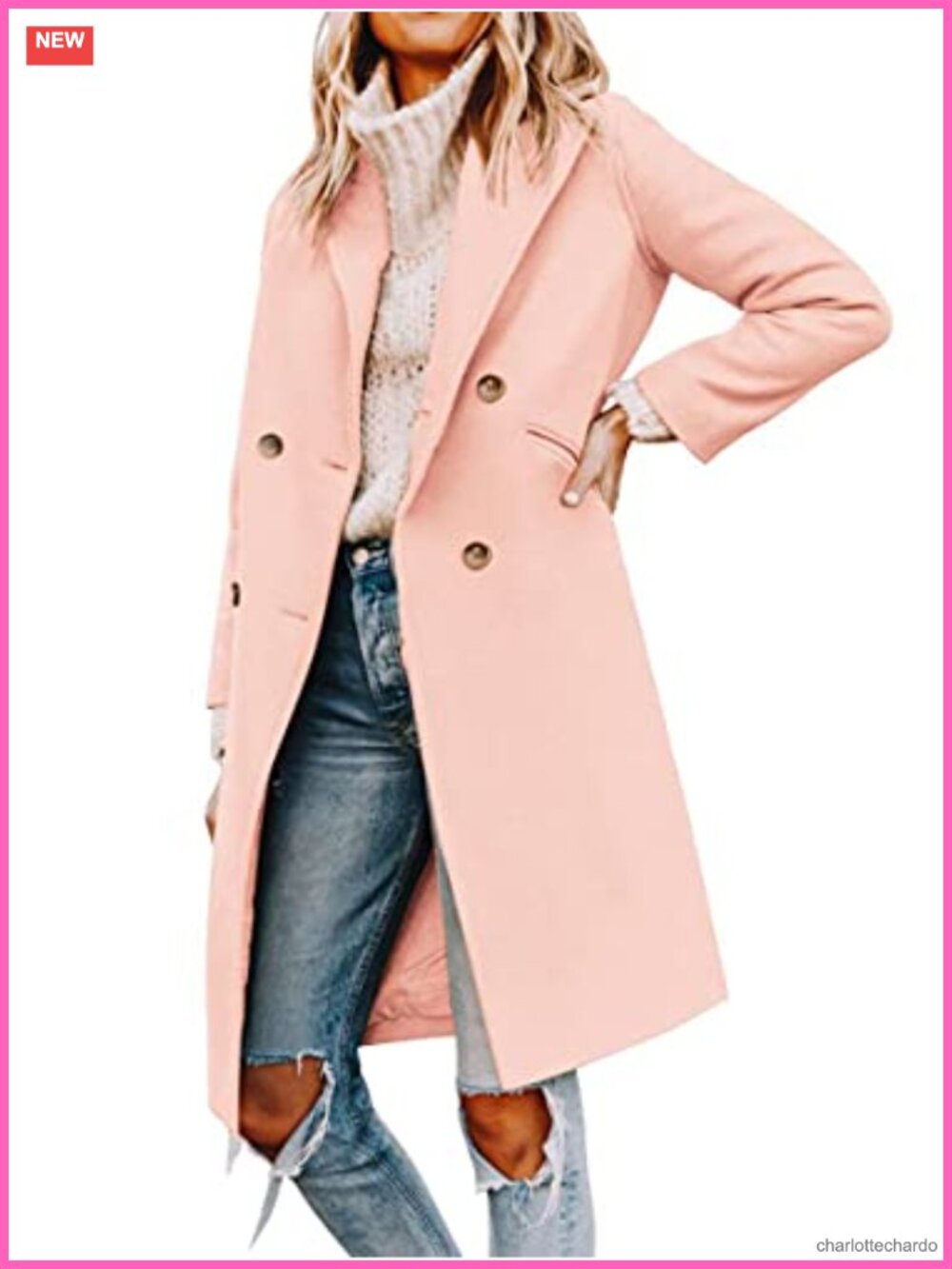 Women's Notched Lapel Double Breasted Pea Coat Mid Long Wool Coat
